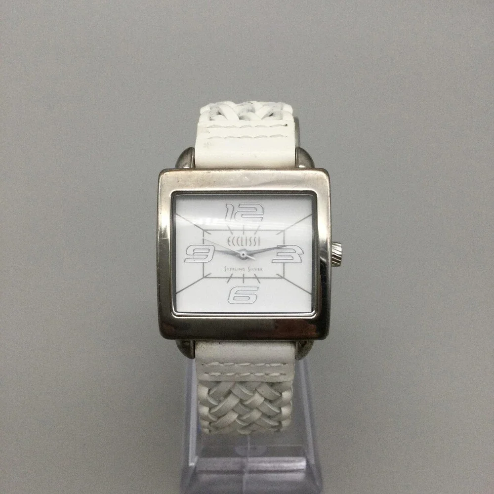 Ecclissi Womens Watch 30mm Sterling Silver White Leather Band 23285 New Battery
